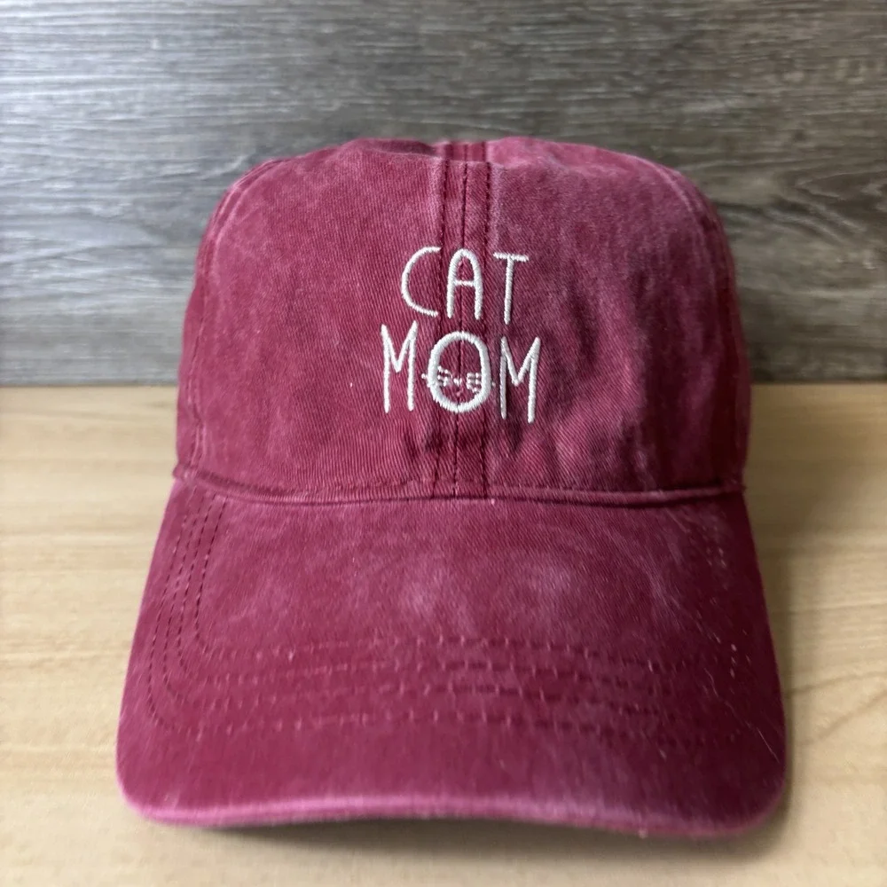 Cat Mom Hat Cap Strap Back‎ Womens Red Embroidered David and Young Casual Cotton
